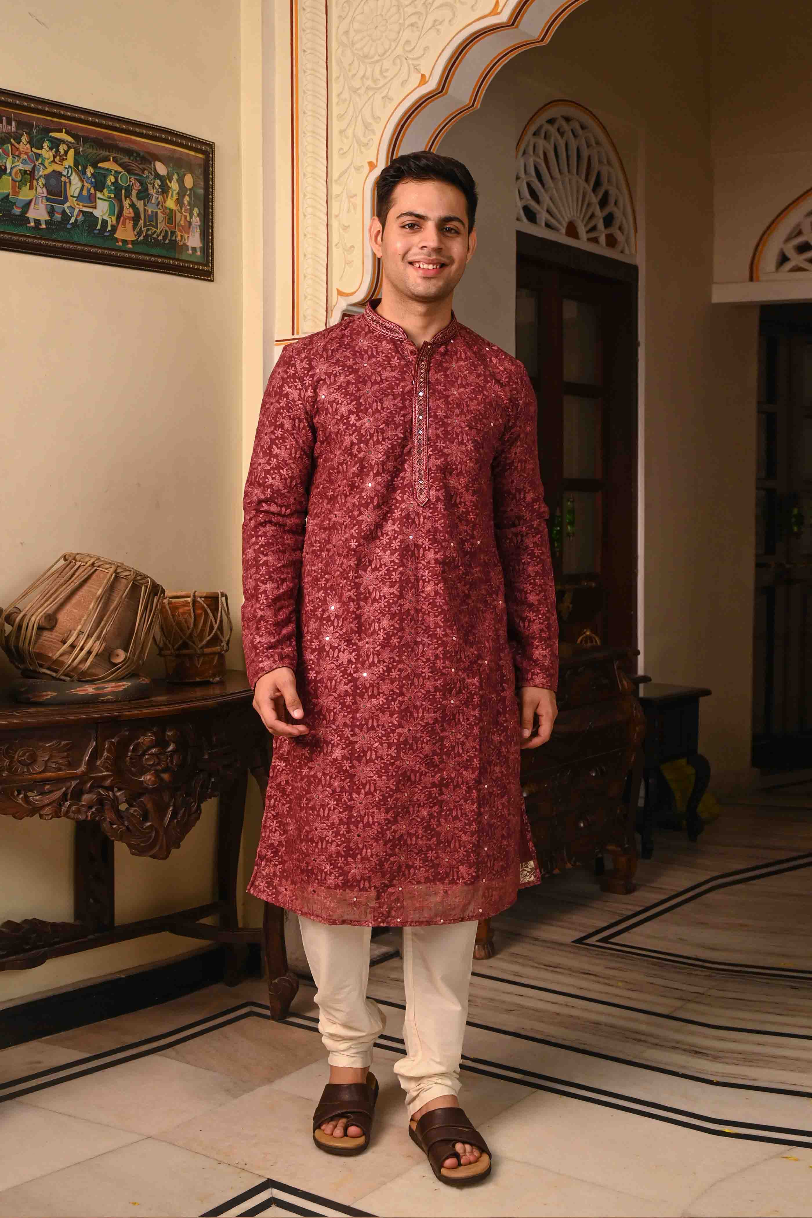 Chikankari Mirror Work Wine Kurta